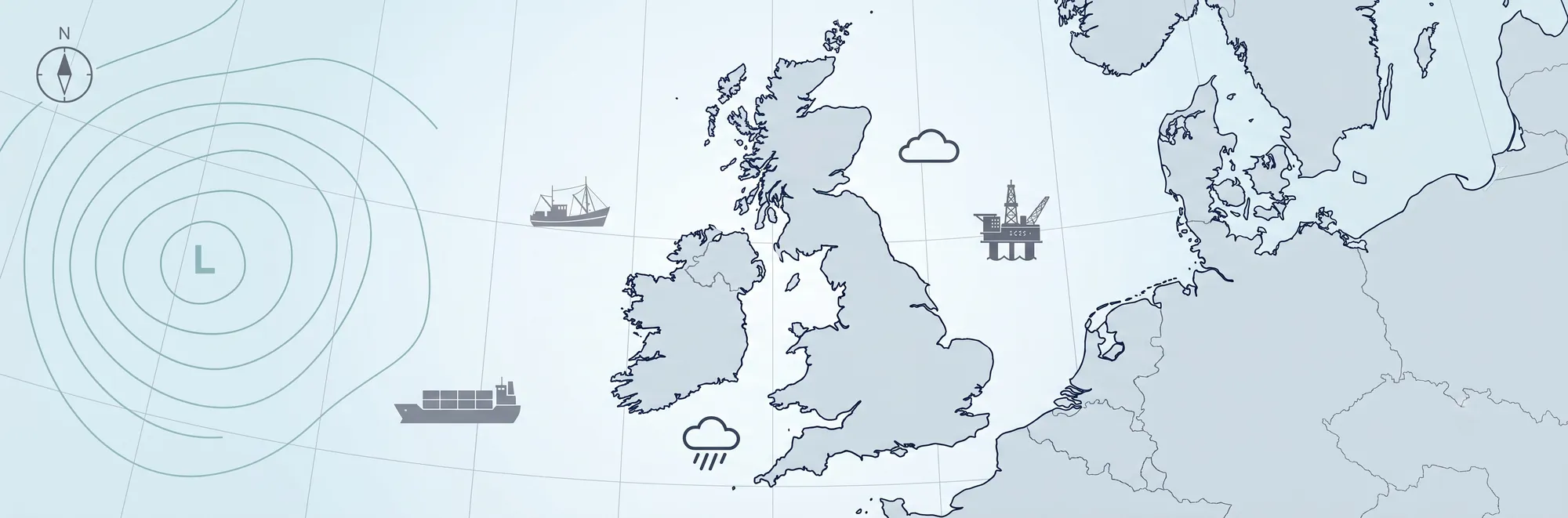 A maritime weather forecast map of the British Isles, showing a low pressure system, shipping and an oil platform